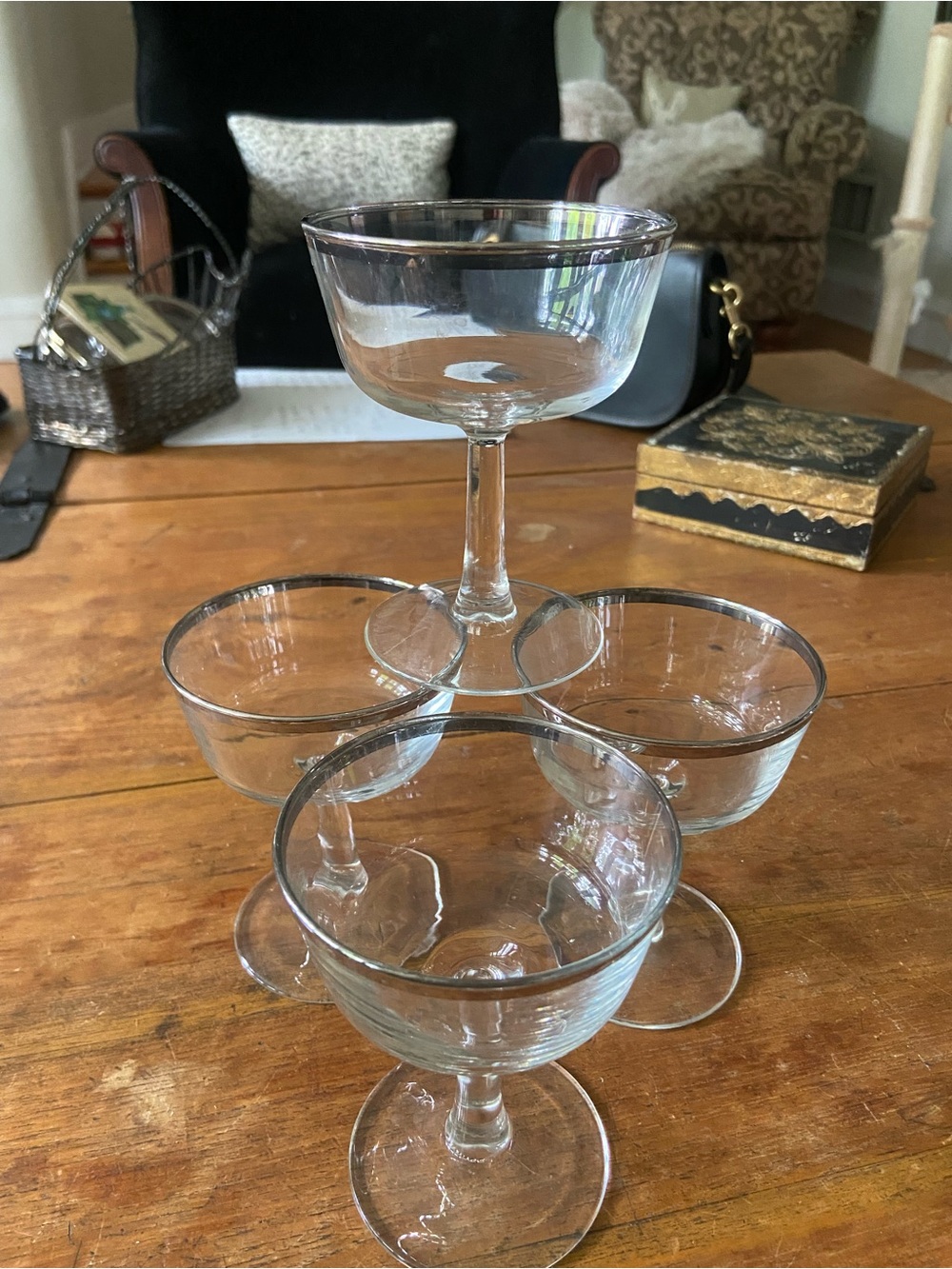 4 French Silver Rim Glass Coupe Champagne Glasses